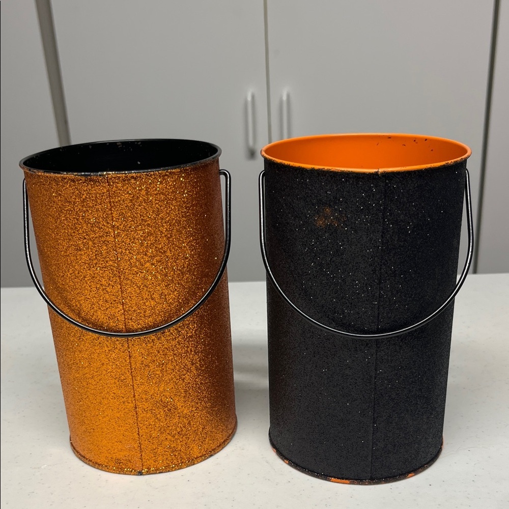 Set of 2 Glitter Jack O Lantern Halloween Buckets Orange Black Decor 7” - Picture 3 of 9